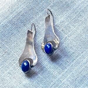 Sterling Silver Lapis Drop Earrings Modernist Artisan 925
